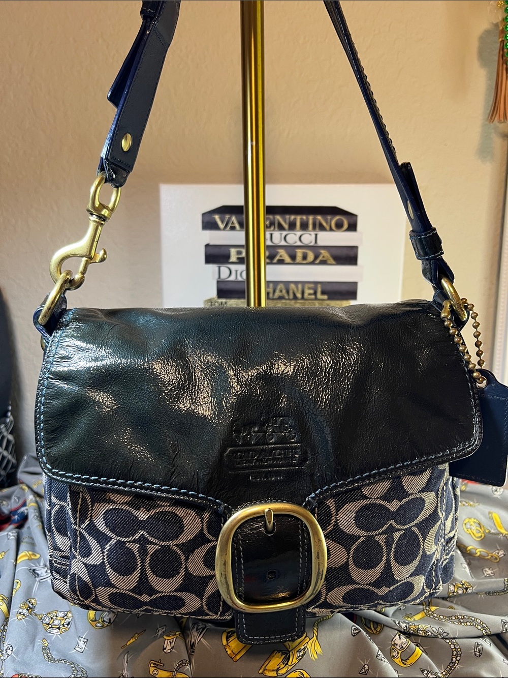 Coach Navy denim Signature logo Shoulder Bag with brass Hardware